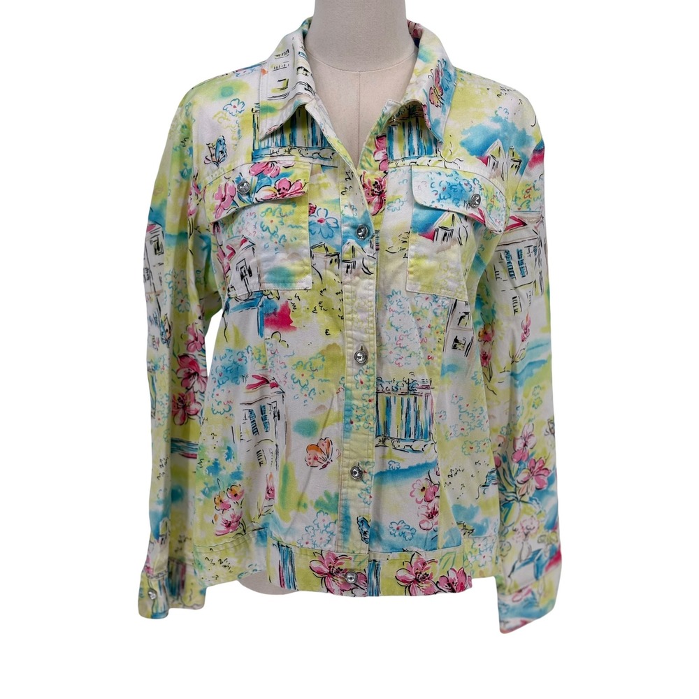 SML Sport Jacket Yellow Floral Scenic Print Rhinestone Buttons 100% Cotton L